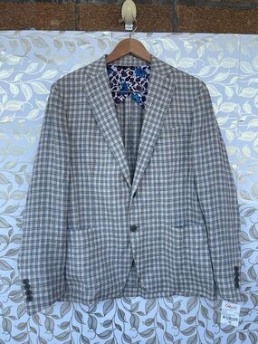 CULTURATA Italy Linen Plaid Blazer 42 L Floral Lining Lagenlook Quiet Luxury NWT